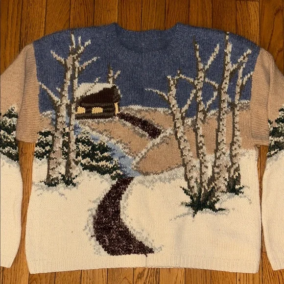 RARE VINTAGE Sz S/M cozy handknit Winter Scene Sweater in Blue and Tan - Picture 4 of 5
